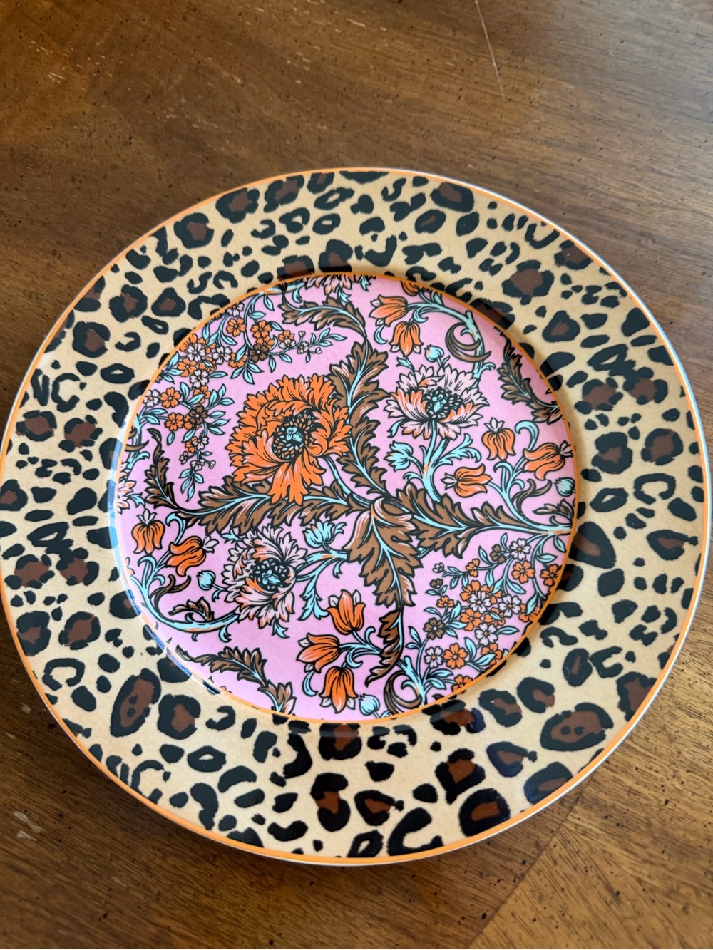 Anthropologie Pink and Orange Floral Leopard Rim Plate
